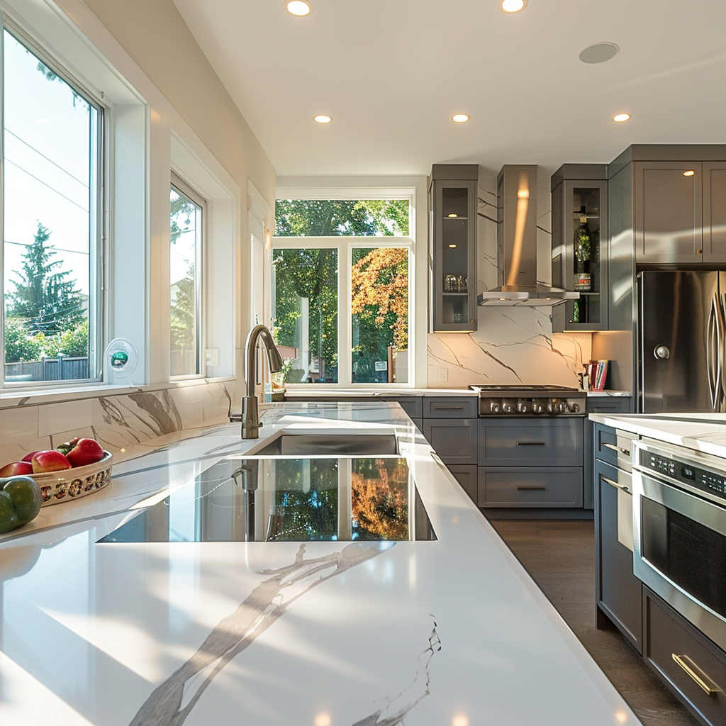 Modern kitchen renovation with island and hardwood floors