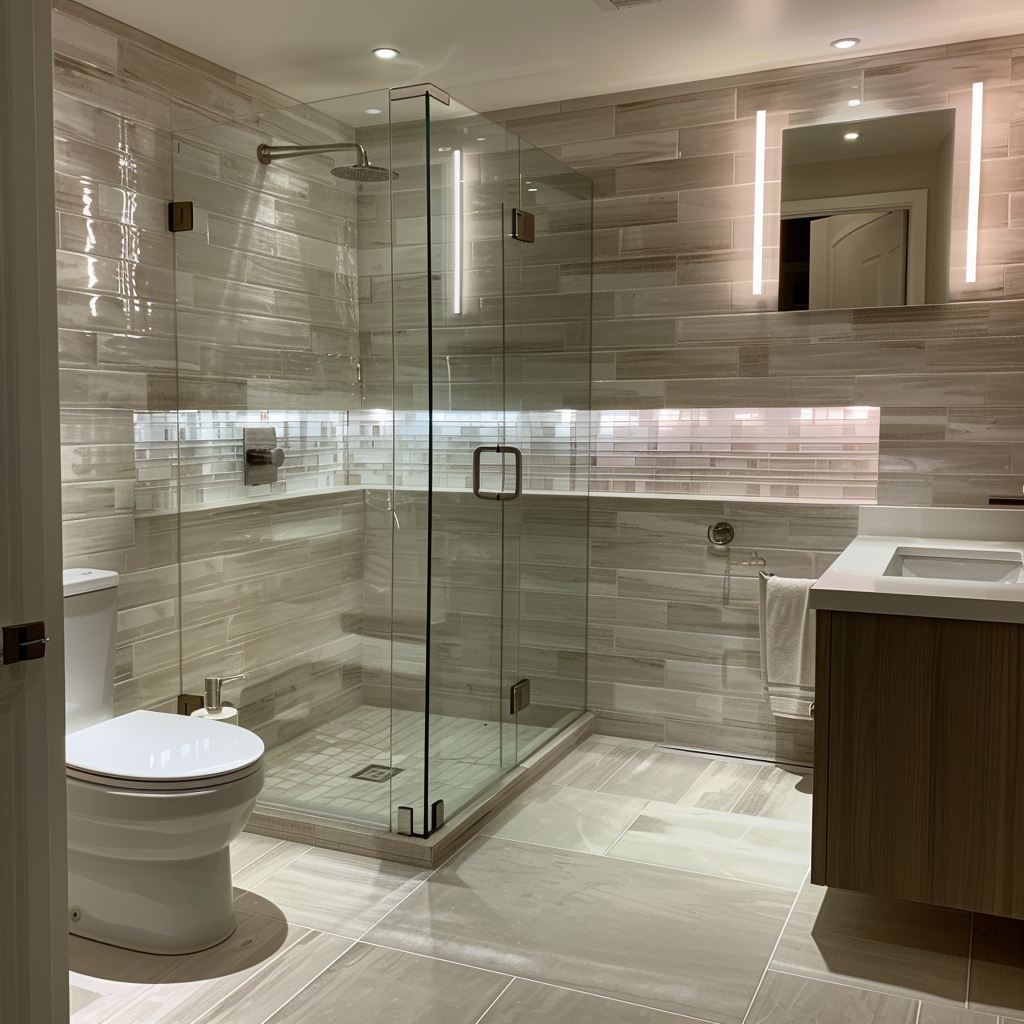 Bathroom tile installation with modern gray accents